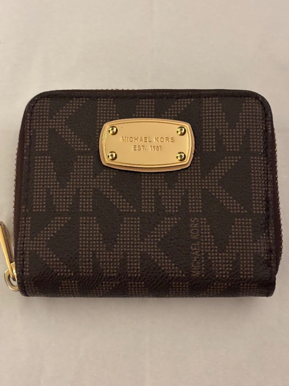 Michael Kors Signature Brown Logo Zip Around Wallet Gold Hardware